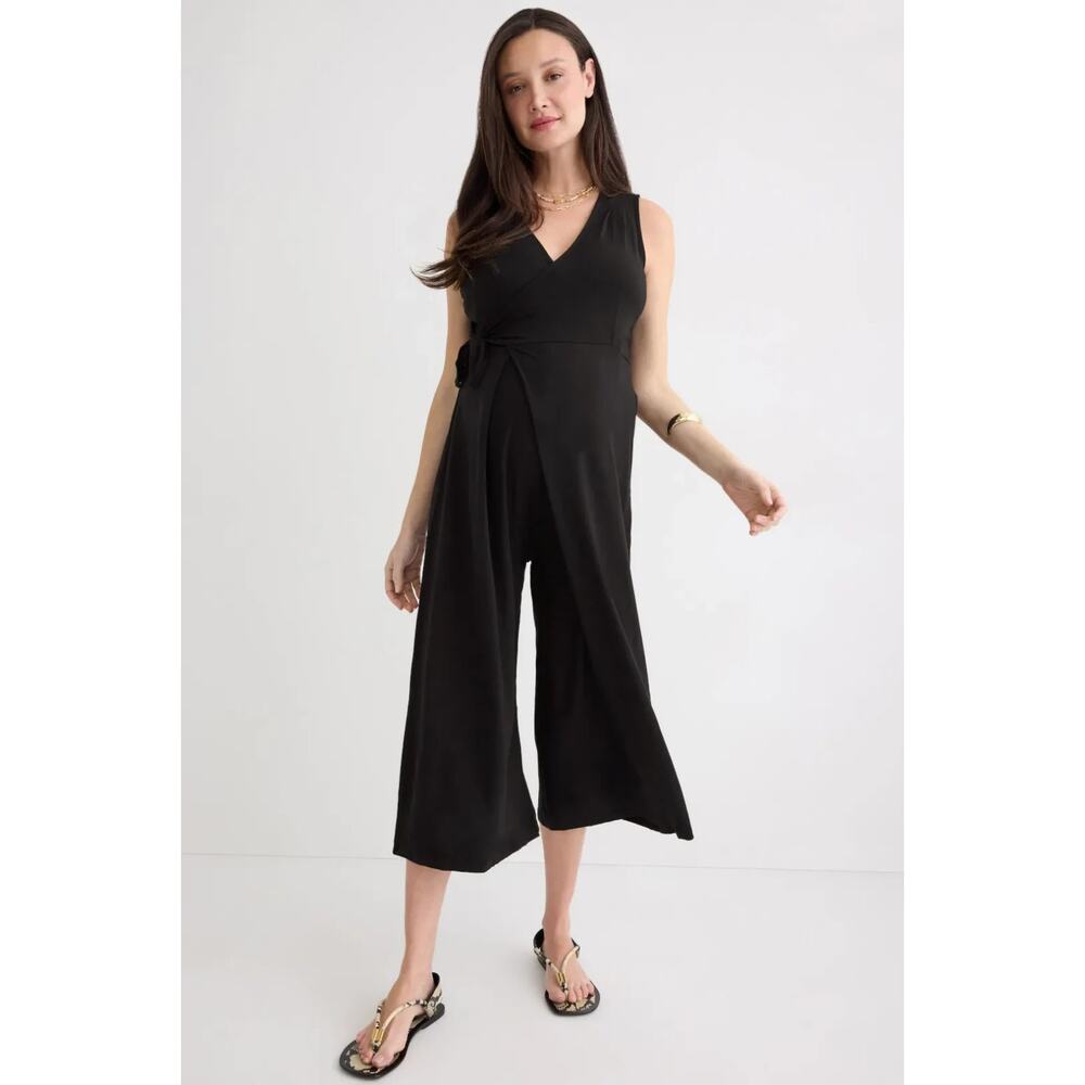 Nom Maternity Francesca Jumpsuit Size Large Black Wide Leg Cropped Sleeveless